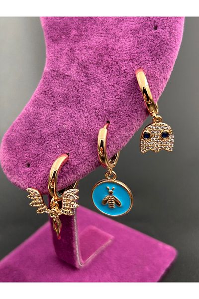 ByMerve Bym212 Anti-Tarnish Stoned Set of 3 Gold Blue Daily and Evening Dress Women's Steel Earrings