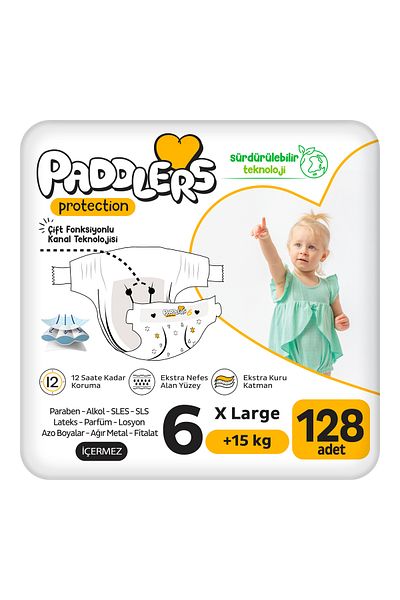 Paddlers Protection Baby Diaper Size 6 X-Large 128 Pieces (15+kg) Extra Jumbo Set