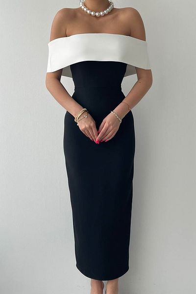 bayansepeti Black Atlas Fabric Bílé šaty bez ramínek u krku s detailním rozparkem midi 250