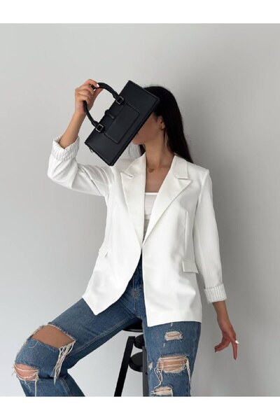 Bella Breeze Kadın Kruvaze Yaka Düğmesiz Cepli Çizgi Desenli Astarlı Katlanabilir Kol Blazer Ceket