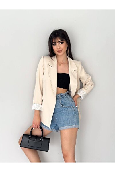 Bella Breeze Kadın Kruvaze Yaka Düğmesiz Cepli Çizgi Desenli Astarlı Katlanabilir Kol Blazer Ceket