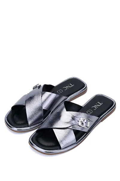 Tamer Tanca Women's Genuine Leather Gray Flat Slippers