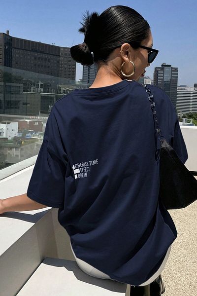 MODAGEN Μπλουζάκι Unisex Navy Blue Crew Neck Cherish Time Printed Oversize T-shirt
