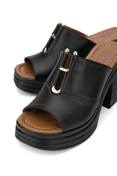Tamer Tanca Women's Genuine Leather Black Leather Heeled Slippers