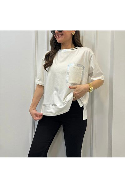 BEBE PLUS Tshirt with Pocket with Silver Leaf