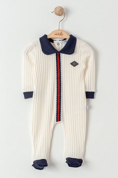 MİNİBORN NEW BORN BOY LONG SLEEVE ECRU WOVEN STRIP DETAIL JUMPSUIT
