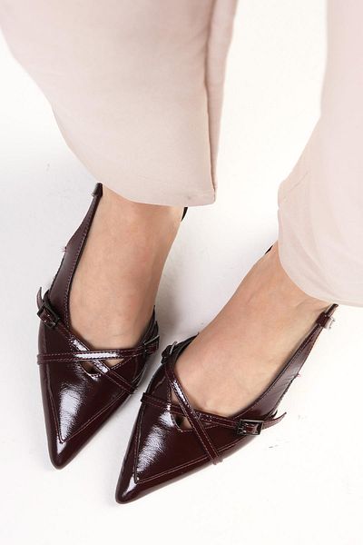 Mio Gusto Genuine Patent Leather Burgundy Color Open Back Women's Short Heeled Shoes