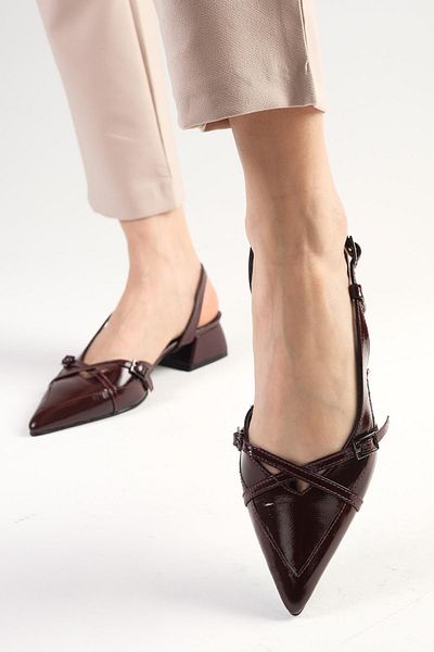 Mio Gusto Genuine Patent Leather Burgundy Color Open Back Women's Short Heeled Shoes