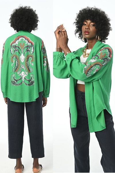 FEMELLE Jachetă kimono supradimensionată cu paiete Benetton pentru femei, cu broderie pe spate și mâneci, dimensiune standard