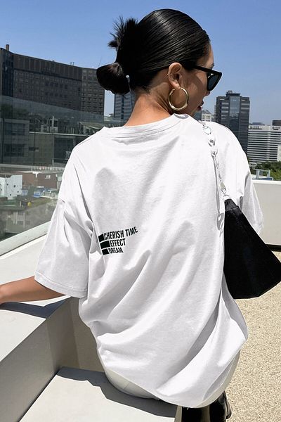 MODAGEN Μπλουζάκι Unisex White Crew Neck Cherish Time Printed Oversize T-shirt