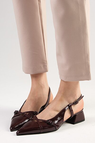 Mio Gusto Genuine Patent Leather Burgundy Color Open Back Women's Short Heeled Shoes