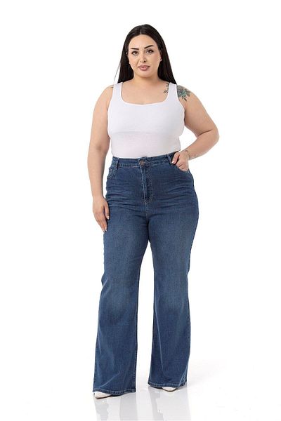 DISENTIS MODEST Plus Size High Waist Spanish Leg Blue Denim Trousers with Croppy Front