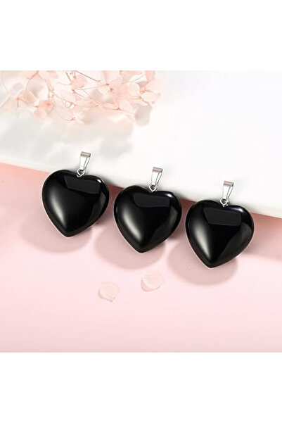 NBS Beautiful Naturel Stones Siyah Akik Kalp Gerçek Doğal Taş Kolye Ucu ( 1 A...