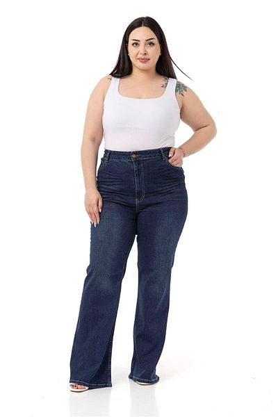 DISENTIS MODEST Large Size Cropped High Waist Spanial Leg Navy Blue Denim Trousers