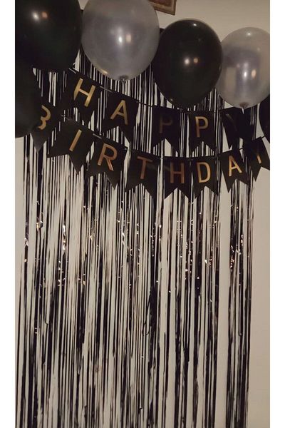 MERİ PARTİ Concept Birthday Black Back Phone Black Gold Happy Birthday Banner and Black Gray Ballon