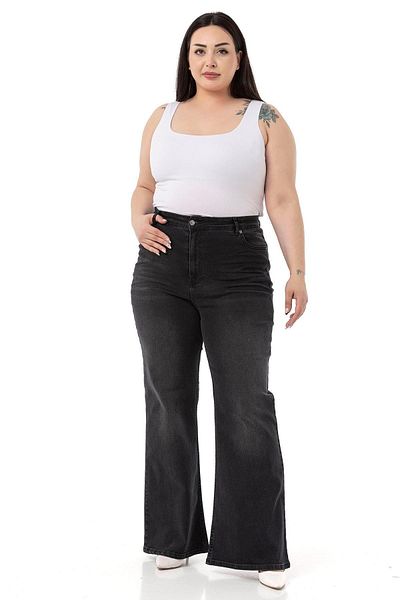 DISENTIS MODEST Large Size High Waist Spanish Leg Black Denim Trousers with Croppy Front