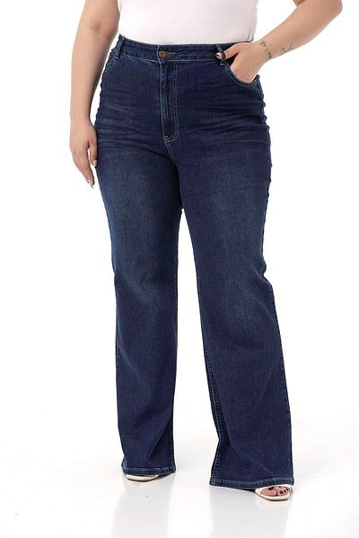 DISENTIS MODEST Large Size Cropped High Waist Spanial Leg Navy Blue Denim Trousers
