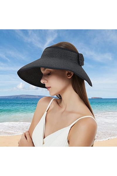 Shopiolog Women's Wide Brim UV Protection Bow Straw Visor Hat
