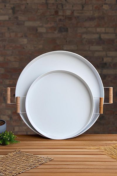 Doreline Metal White Serving Tray Set with Wooden Handles 37 Cm and 29 Cm, Coffee Tray, Presentation Tray, Brown