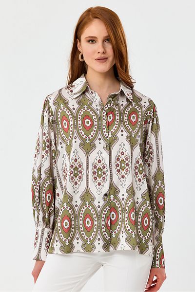 MD trend Women's Ethnic Patterned Balloon Sleeve Shoulder Gathered Oversize Satin Shirt