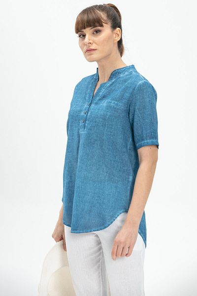 Eliş Şile Bezi Mânecă Scurtă Șile Pânză Acacia Bluză De Vară Jeans Albastru Ktmv