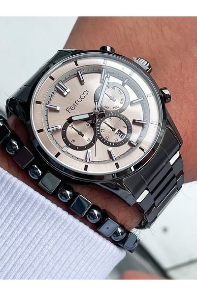 Ferrucci 3 atm waterproof Steel Case Steel Cord Men's Wrist Watch with Bracelet gift