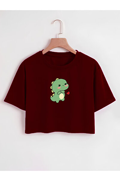 Ginevra Tricou crop oversize pentru damă, cu decolteu rotund, imprimat cu din...