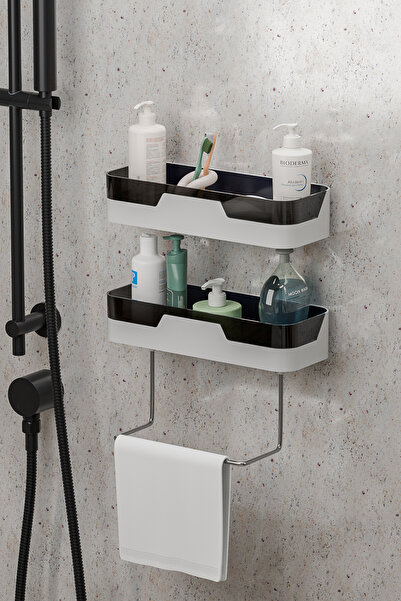 Çavdar Group Roza 2 Tier Bathroom Shelf Bathroom Organizer with Towel Holder Practical Bathroom Kitchen Wall Shelf