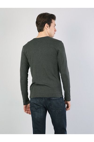Colin's Tricou Slim Fit Placket Neck Bărbați Kaki cu mânecă lungă Cl 1022847