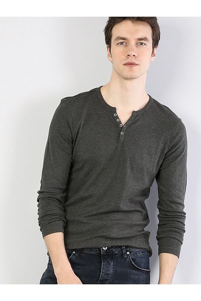 Colin's Tricou Slim Fit Placket Neck Bărbați Kaki cu mânecă lungă Cl 1022847
