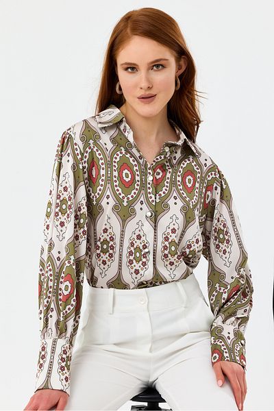 MD trend Women's Ethnic Patterned Balloon Sleeve Shoulder Gathered Oversize Satin Shirt