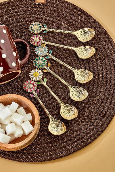 Metler Daisy Motif Luxury Silver Metal 2 Pieces Spice Spoons, Teaspoons, Coffee and Sugar Spoons