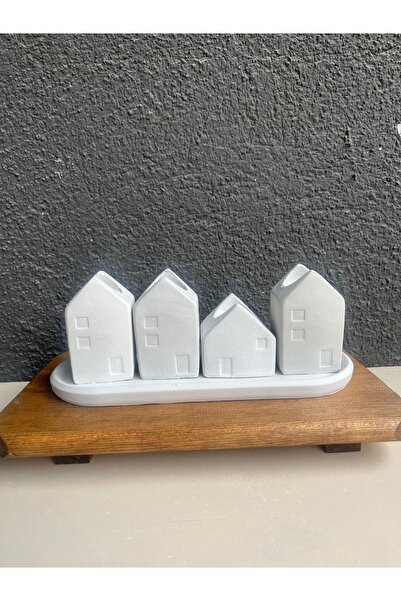 ThreeT Açık gri beton dörtlü ev şamdan set (tepsili)