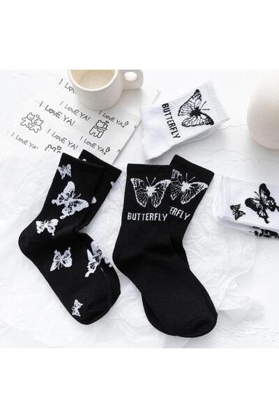 DZC KUZENLER AVM 4 Çift Sevimli siyah beyaz  Desenli Kadın kolej kelebekli be...