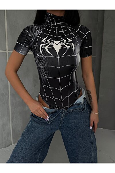 Gofeel Harajuku Tech Siyah Spider Çıtçıtlı Zıbın Body