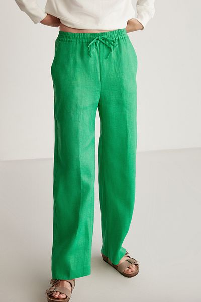 GRIMELANGE Sadıe Women's 100% Linen Relaxed Pattern Green Trousers with Elastic Waist