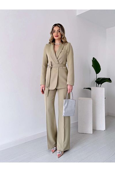 HARMONY GLOBAL Women's Green Belted Blazer Jacket Pants Set 3058