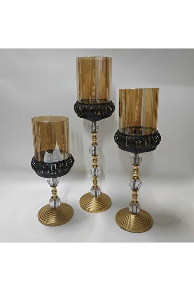 HİLALKRİSTAL Gold Kaplama -Siyah-Salon Şamdan-Mumluk 3 lü Set