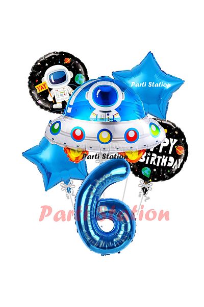 Parti Station 6 Year Old Birthday Spacecraft Rocket Balloon Set - Space Concept Number Balloon