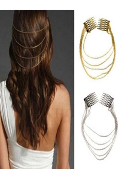Classy Topuz Tokası Taraklı Saç Bandı, Saç Bandanası, Beş Sıra Püsküllü Zincir Saç Aksesuarı