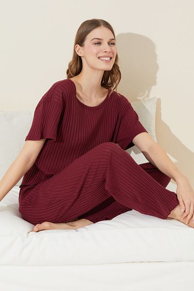 Siyah İnci Burgundy Camisole Cotton Knitted Pajama Set