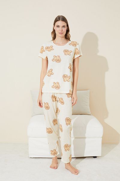 Siyah İnci light yellow dog pattern Knitted Pajamas Set