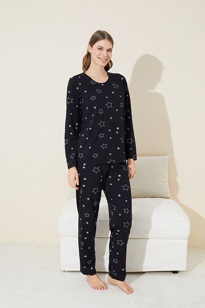 Siyah İnci Cotton Black Star Patterned Pajama Set