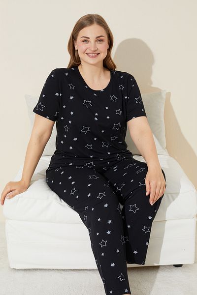 Siyah İnci Plus Size Black Star Patterned Cotton Pajamas Set - Curve Short Sleeve Oversize