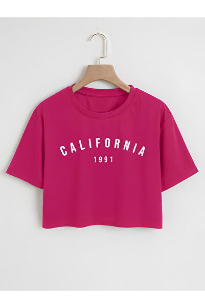 Ginevra تي شيرت نسائي قصير برقبة دائرية كبيرة الحجم مطبوع عليه كاليفورنيا