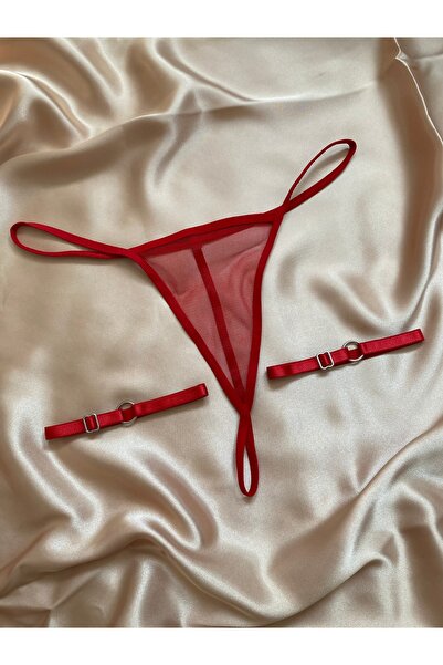 Maly Love Kadın Kırmızı Tül Tanga ve Bacak Bandı Takım