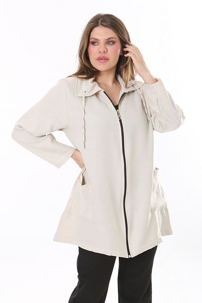 Şans Women's Large Size Stone Linen Woven Front Zipper and Pocket Unlined Jacket 65N37787