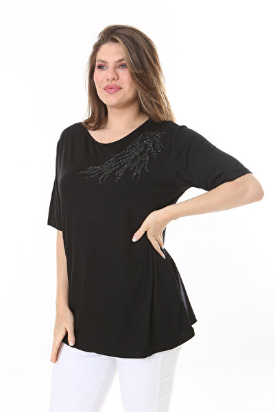 Şans Women's Plus Size Black Stone Detailed Blouse 65N37802