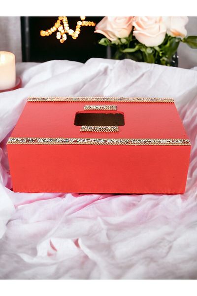 Fun Life Handmade Wooden Handkerchief Box with Stripe Bead Detail - Red