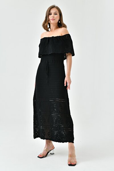 lovebox Țesătură tricotată Talie Necăptușită Lungime midi fără mâneci Guler fără bretele Rochie neagră din croșetat de vară 24Y2713